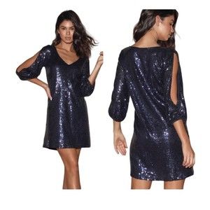 Lulus Moment to Shine Dress Mini Sequin Shoulder Cutout Shift Midnight Blue XS​